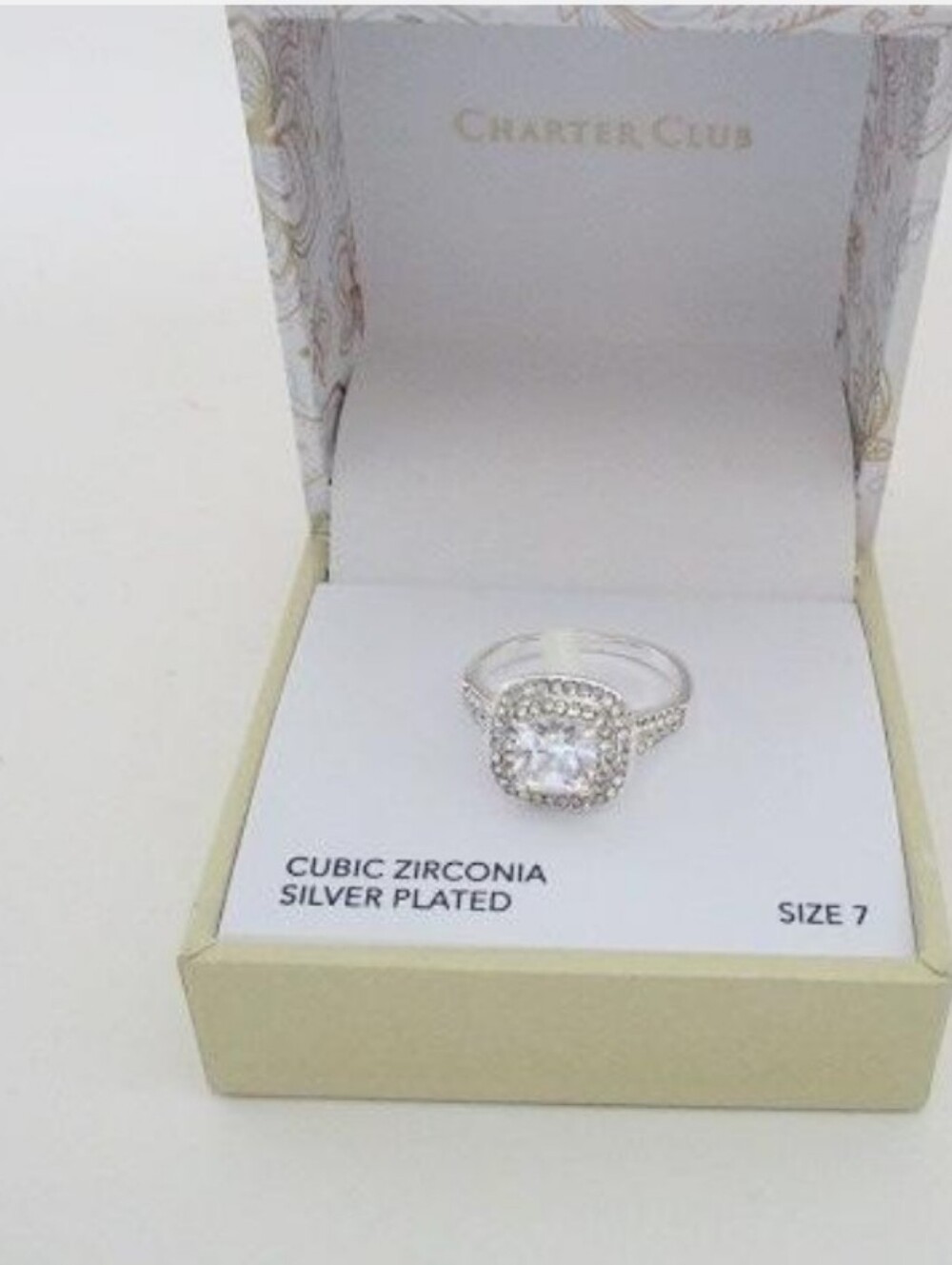 Charter Club Silver Plated Cubic Zirconia Double Halo Crystal Center Ring Size 7